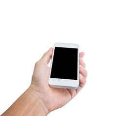 Hand holding mobile phone isolated