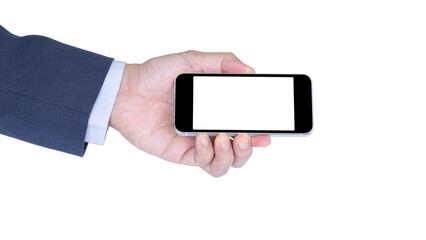 Hand holding mobile phone isolated