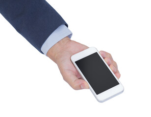 Hand holding mobile phone isolated