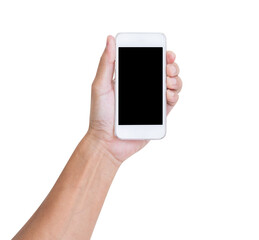Hand holding mobile phone isolated