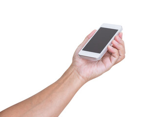 Hand holding mobile phone isolated
