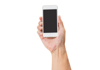 Hand holding mobile phone isolated
