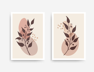 Botanical wall art print vector set. Wall decor with abstract leaves in boho style. Abstract mid century modern wall art set design for prints, social media stories, posters. Minimal wall art vector
