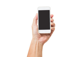 Hand holding mobile phone isolated