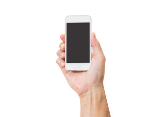 Hand holding mobile phone isolated