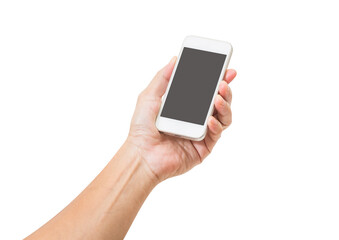 Hand holding mobile phone isolated