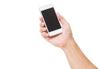 Hand holding mobile phone isolated