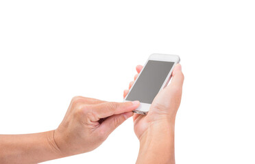 Hand holding mobile phone isolated