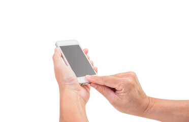 Hand holding mobile phone isolated
