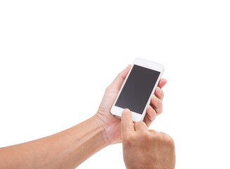 Hand holding mobile phone isolated