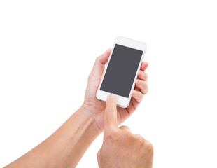 Hand holding mobile phone isolated
