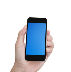 Hand holding mobile phone isolated