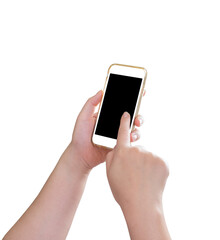 Hand holding mobile phone isolated