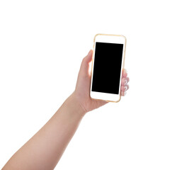 Hand holding mobile phone isolated