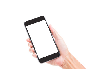 Hand holding mobile phone isolated