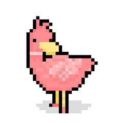 Pixel art pink duck character.