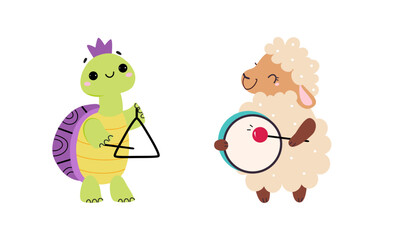 Set of cute animals playing musical instruments set. Turtle and sheep playing triangle and drum cartoon vector illustration