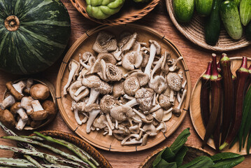 Fresh organic vegetables and edible mushroom from local farmer market, Northern of Thailand, Sustainability concept
