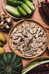 Fresh organic vegetables and edible mushroom from local farmer market, Northern of Thailand, Sustainability concept