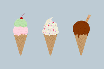 A set of three ice creams with different flavors and decorations, with a cherry, confetti and a cookie