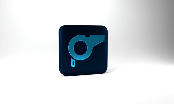 Blue Whistle icon isolated on grey background. Referee symbol. Fitness and sport sign. Blue square button. 3d illustration 3D render