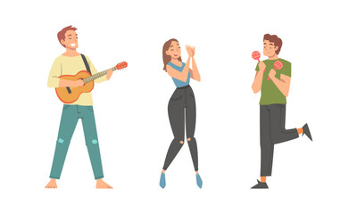 Fototapeta premium Set of people playing musical instruments, singing and dancing. Man playing guitar and shaking maracas cartoon vector illustration