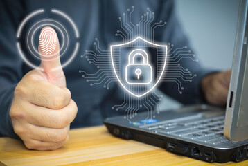 Businessman and fingerprint scanning unlock and access to business data network. Cloud. Biometric identification and cyber security protect business transaction from online digital cyber attack.