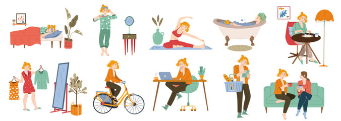 Woman daily routines set. Vector flat illustration of girl sleep, clean teeth, take bath, doing yoga, eat breakfast, choose clothes, then ride on bike, work on computer, shop and talk with friend