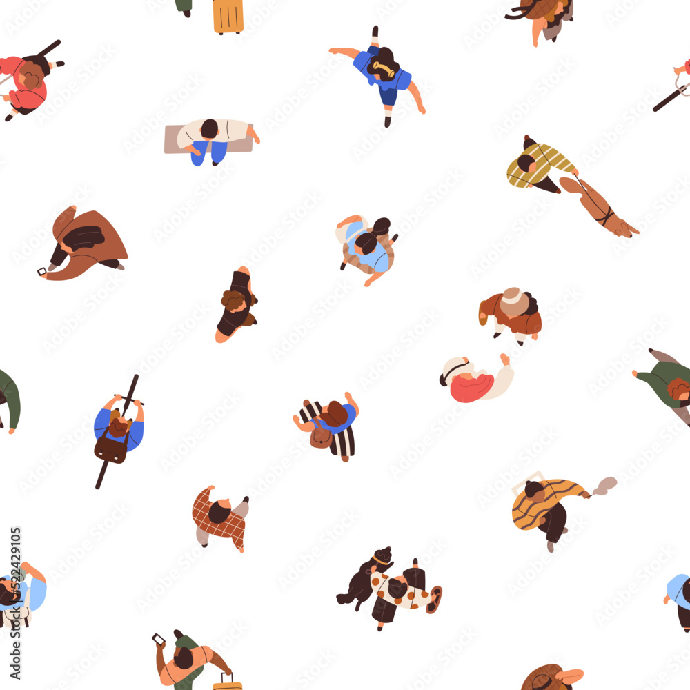 Poster seamless pattern of people walking top above view. background with city crowd going, repeating print