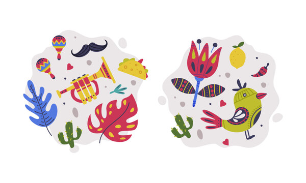 Set of Mexican symbols. Cinco De Mayo holiday signs cartoon vector illustration