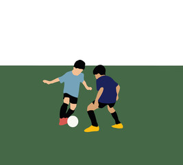 Fototapeta premium Two boys football players kicking football match game on soccer field. Tournament Match. Sports Competition for Youth Athletes. 