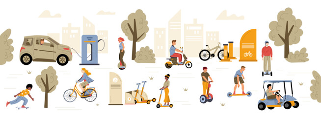 People riding eco transport in city, young characters use green electric car, scooter, hoverboard, monowheel, skateboard and bicycle nature friendly transportation, Line art flat vector illustration © klyaksun
