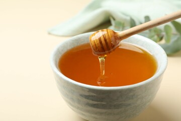 Bowl of organic honey and dipper on beige background