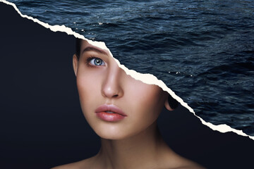 Portrait beautiful woman face paper cut ocean waves collage