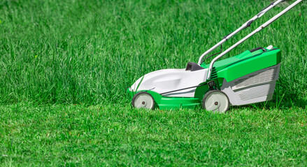 An electric lawn mower mowers grass. View side