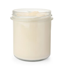 Glass jar of delicious mayonnaise isolated on white