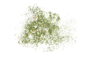 Tasty aromatic dry dill on white background, top view