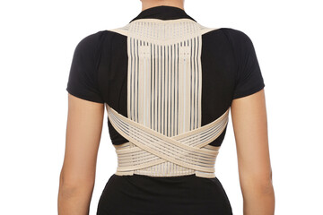 Closeup of woman with orthopedic corset on white background, back view