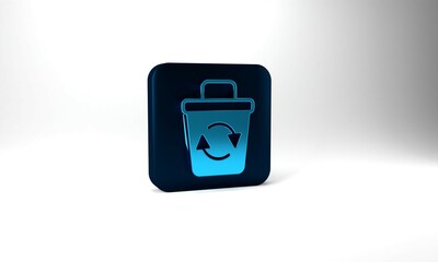 Blue Recycle bin with recycle symbol icon isolated on grey background. Trash can icon. Garbage bin sign. Recycle basket sign. Blue square button. 3d illustration 3D render