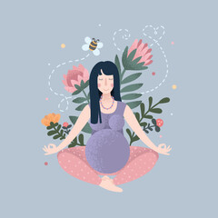 A woman practices yoga in a childbirth preparation course. Vector illustration for advertising and web materials