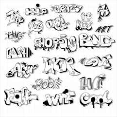 Elements of inscriptions in the style of street graffiti, modern slogans are isolated on a white background. The art of spray painting Creative colorful handwriting with streaks and drops
