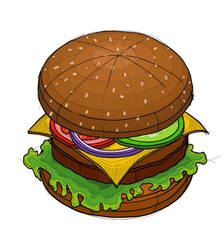 big burger, hamburger hand drawn vector illustration free hand sketch style