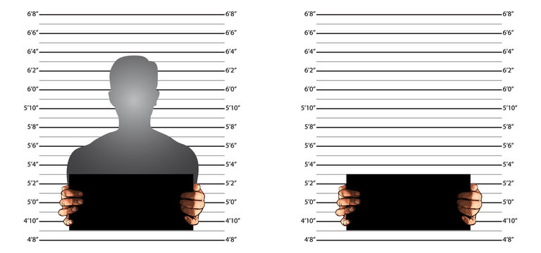 Police background measuring lines mugshot in US standard and banner on two hands