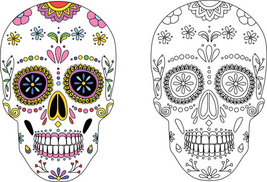 Coloring book. Day of the dead, Dia de los moertos, banner with colorful Mexican flowers. Vector skeleton skull in sombrero. Smiling sugar festive skull. Fiesta, holiday poster, party flyer, funny gre