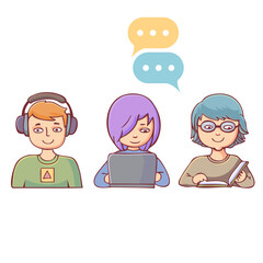  set of vector icons of studying people and speech bubbles
