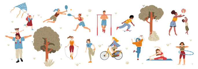 People outdoor activities, men, women, family characters playing badminton, kite, do sports and yoga exercises, riding skateboard and bicycle, parents fun with kids, Line art flat vector illustration