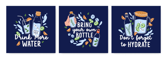 Card background designs with water quotes and detox drinks with fruits, ice. Cold summer healthy aqua beverages, lemonades, refreshments in glasses, bottles. Colored flat vector illustrations