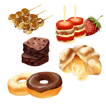 Set of sweet meals appetizer donut choux cream brownie cupcake pancake painting illustration PNG file