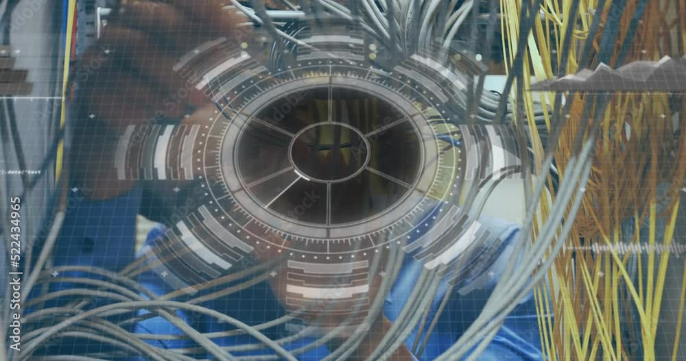 Poster animation of interface with data processing over caucasian male engineer working at server room