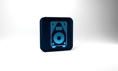 Blue Stereo speaker icon isolated on grey background. Sound system speakers. Music icon. Musical column speaker bass equipment. Blue square button. 3d illustration 3D render